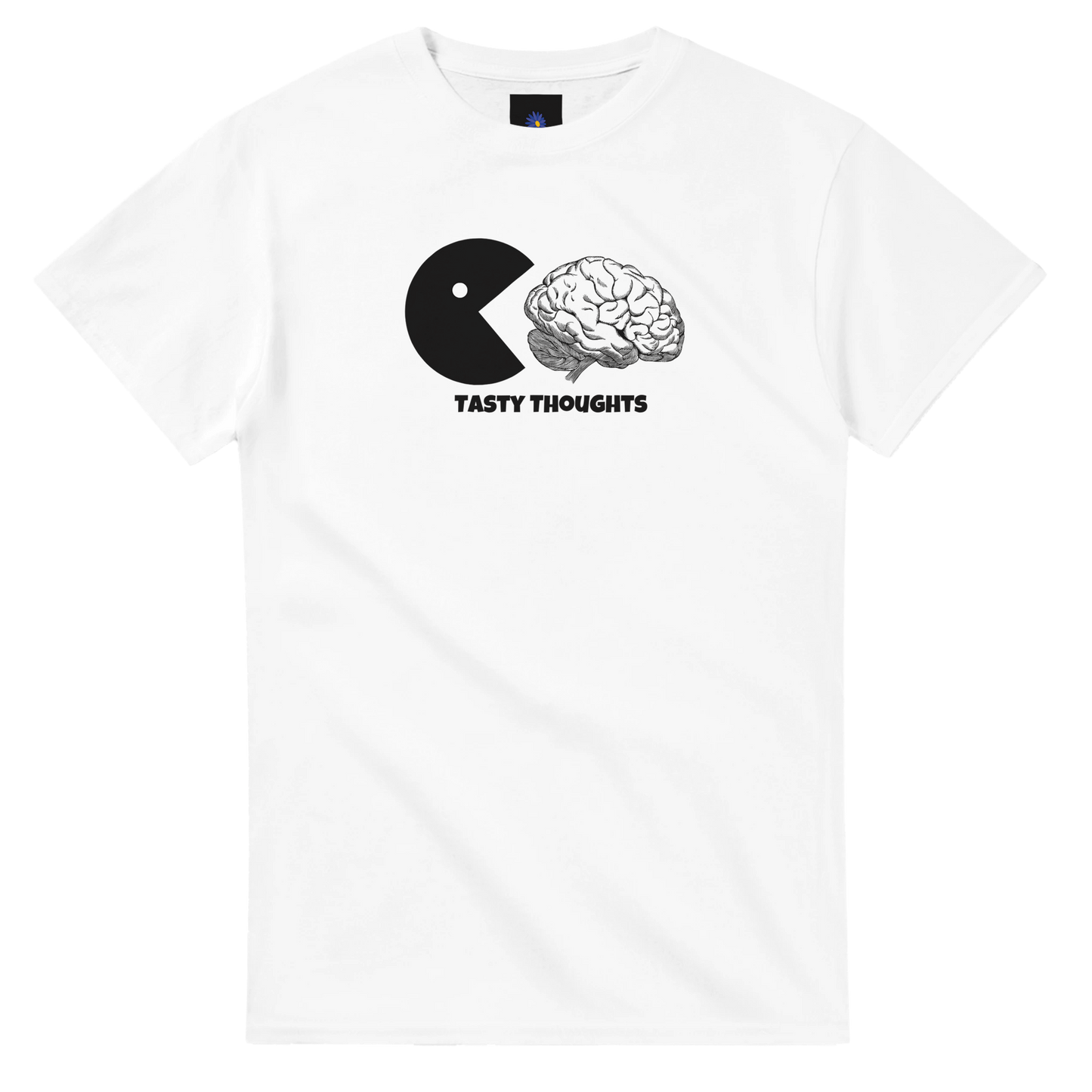 White heavyweight cotton t-shirt with Tasty Thoughts design.