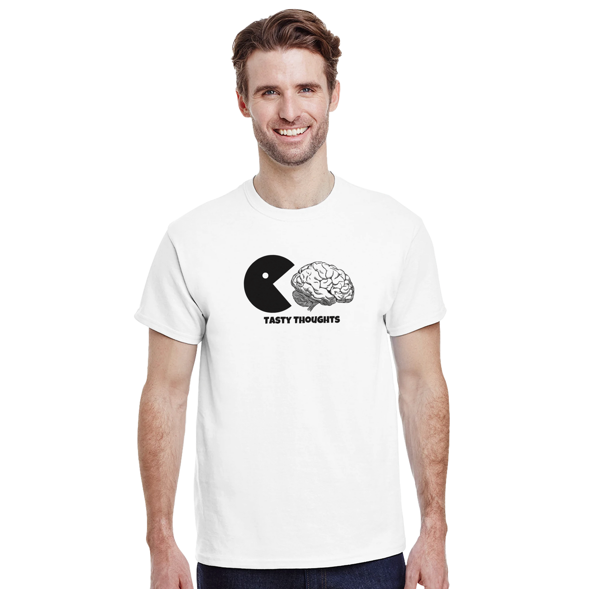 Model wearing a white heavyweight cotton t-shirt with Tasty Thoughts design.