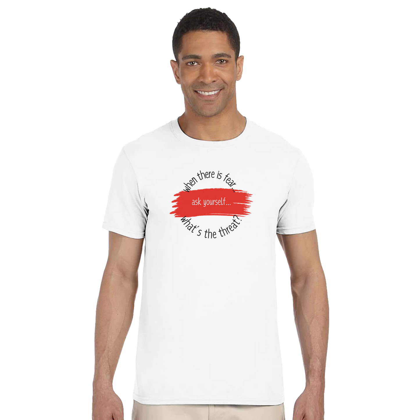 Model in white t-shirt with When There is Fear design