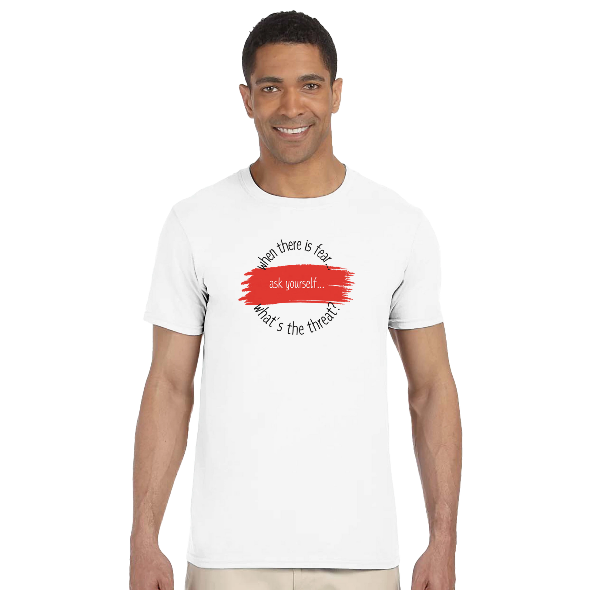 Model in white t-shirt with When There is Fear design