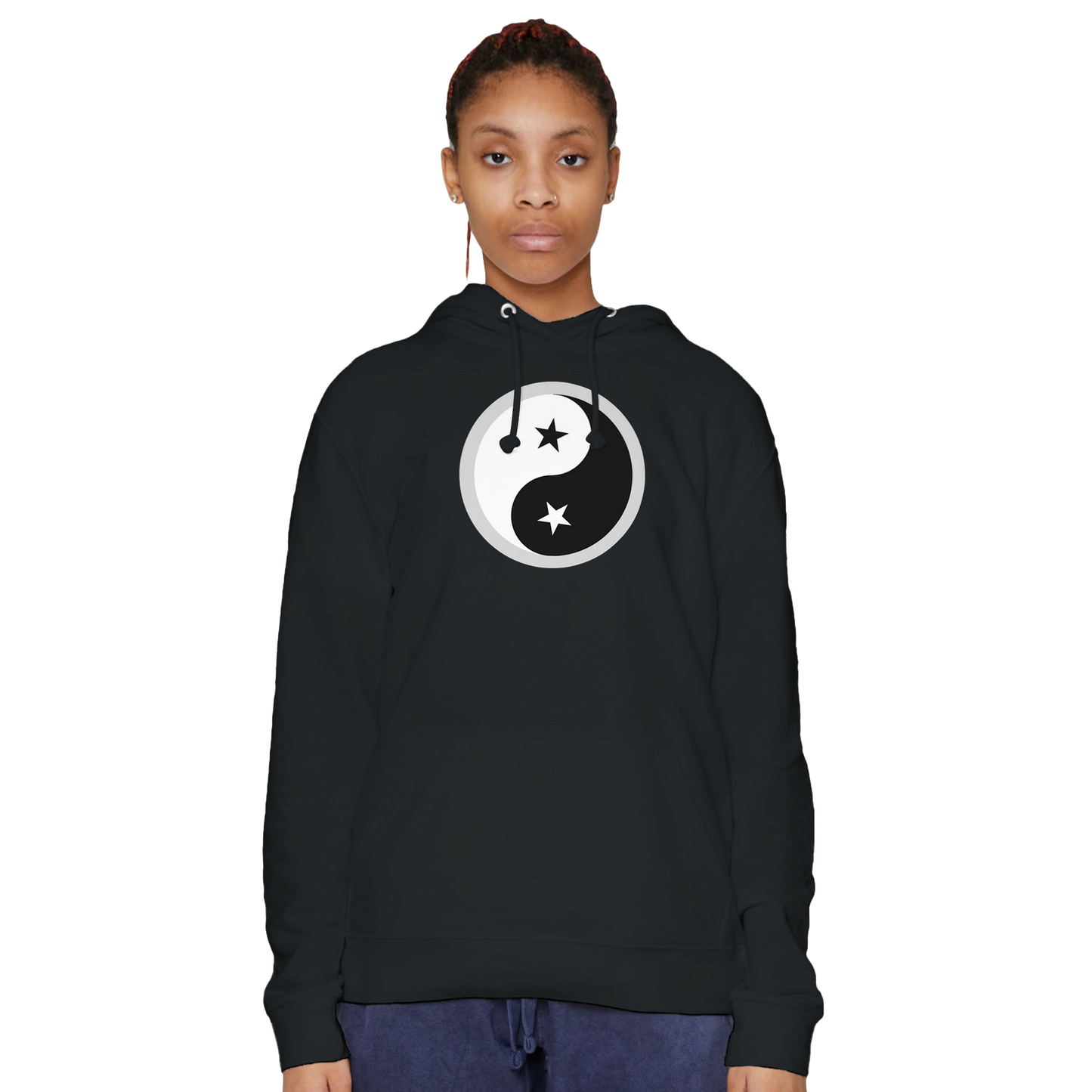 Female model wearing a black Premium Unisex Pullover Hoodie with Yin Yang design