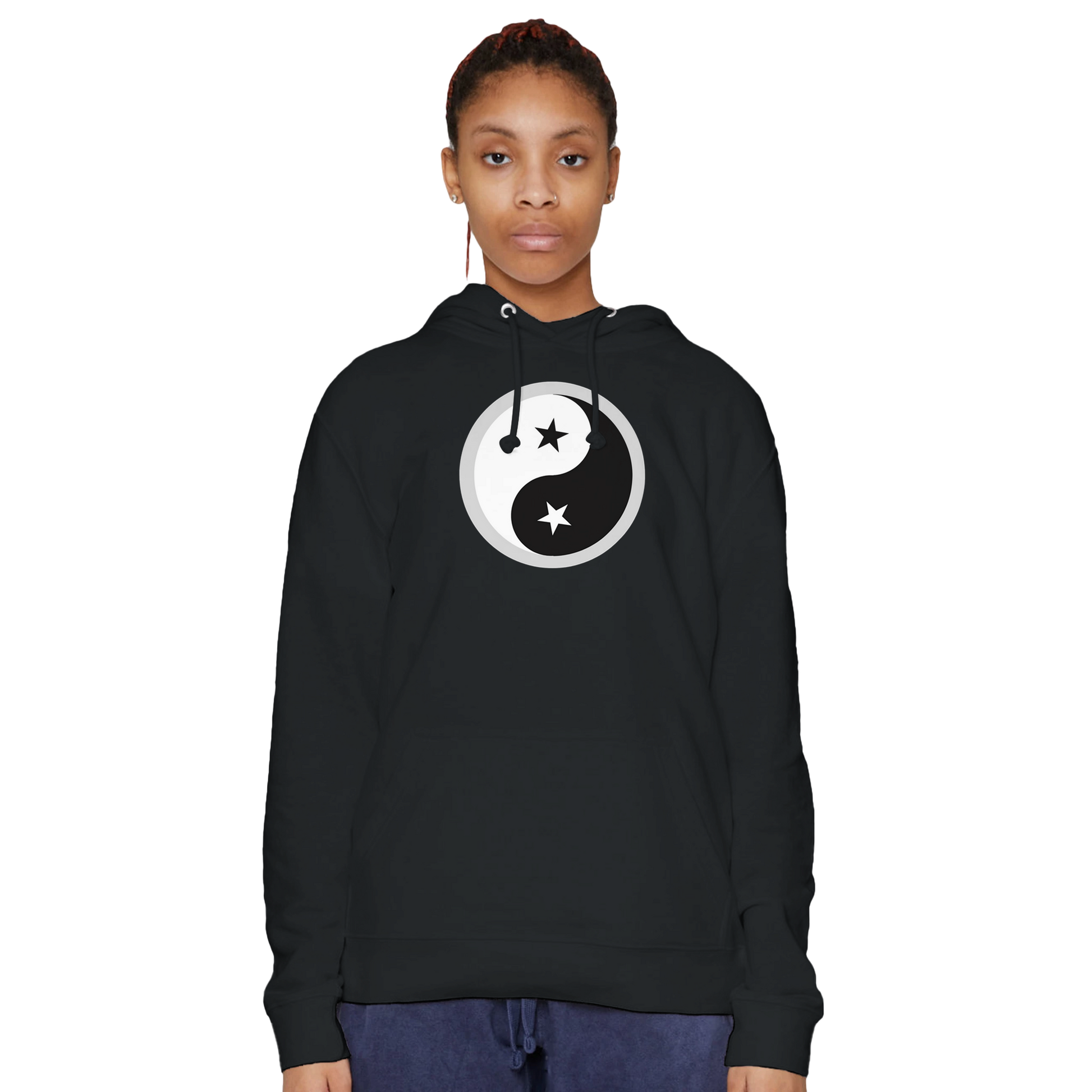 Female model wearing a black Premium Unisex Pullover Hoodie with Yin Yang design