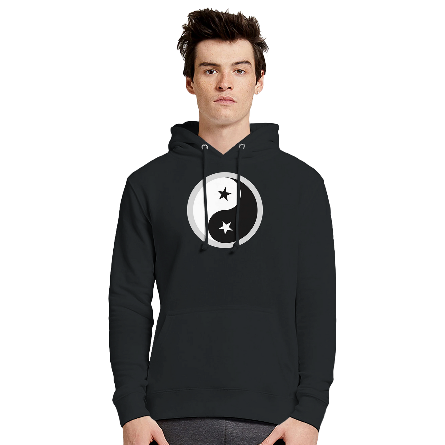 Male model wearing a black Premium Unisex Pullover Hoodie with Yin Yang design