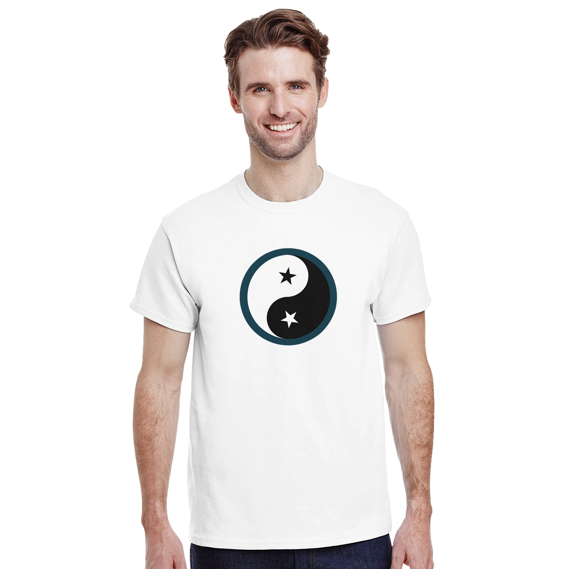 Model wearing a white heavyweight cotton t-shirt with Yin Yang design